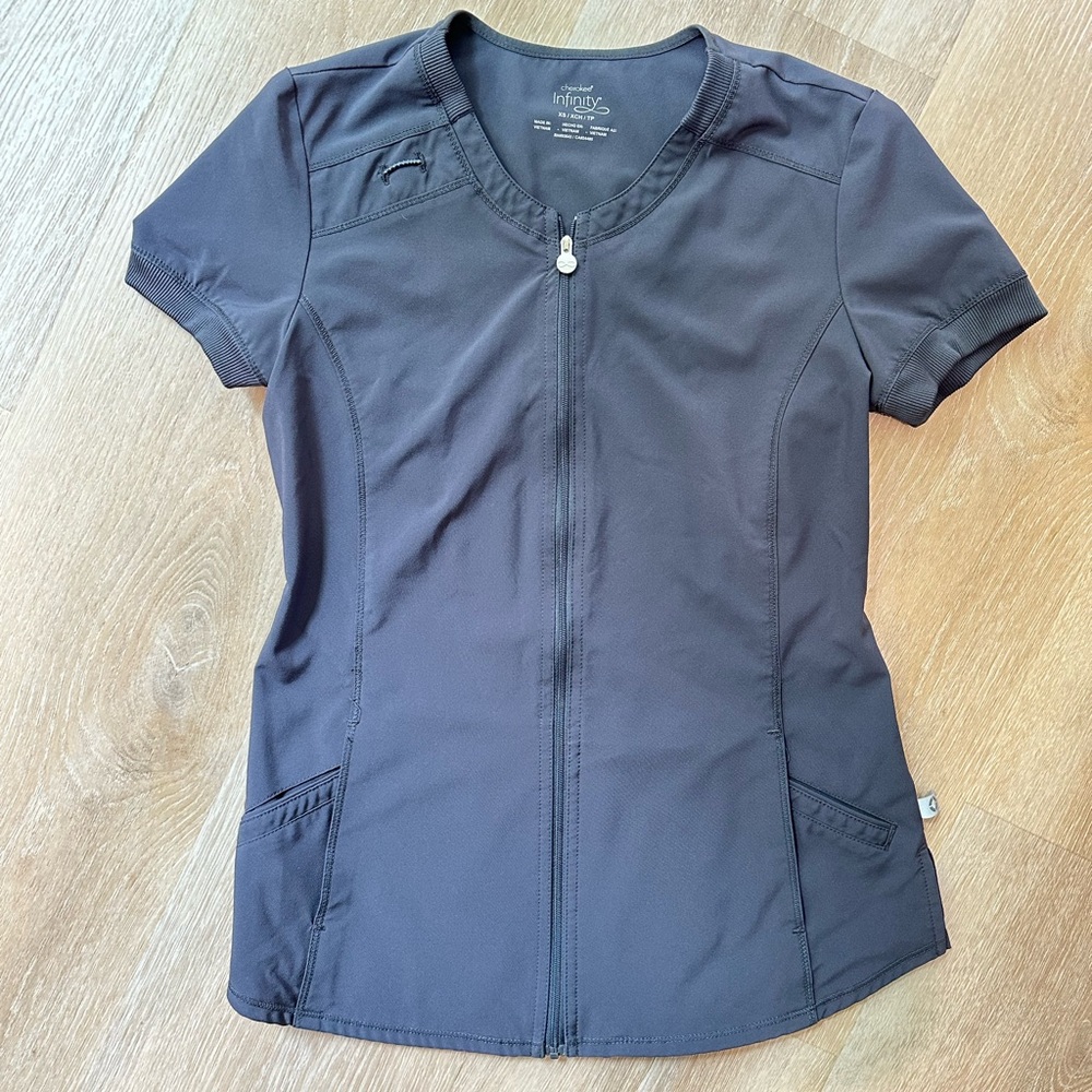 Cherokee Infinity Zip Up Scrub Top XS Pewter